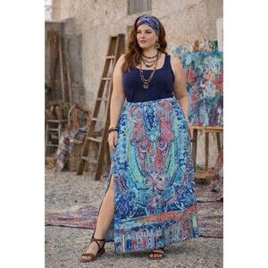 Chico’s Paisley Boho Maxi Skirt Blue Teal Artsy Stretch Side Slit Size 3 (XL)